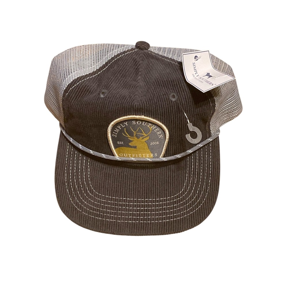 Simply Southern Outfitters Corduroy Trucker Hat Brown Grey Deer Patch‎ Snapback